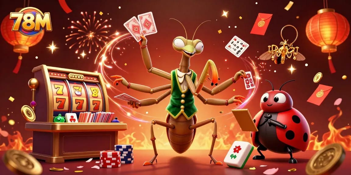 Ilustração 3D do cassino 78M com um louva-a-deus gigante e uma joaninha, animando um jogo de caça-níqueis.