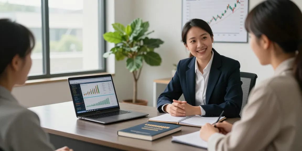 Financial Advice Gold Coast: Financial advisor consulting with client in a modern office.