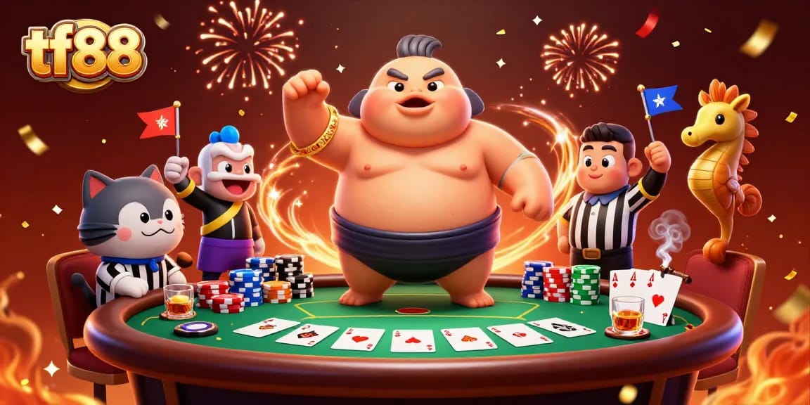 The 3D fugu in a sumo match at tf88 brings excitement to poker with vibrant casino elements.