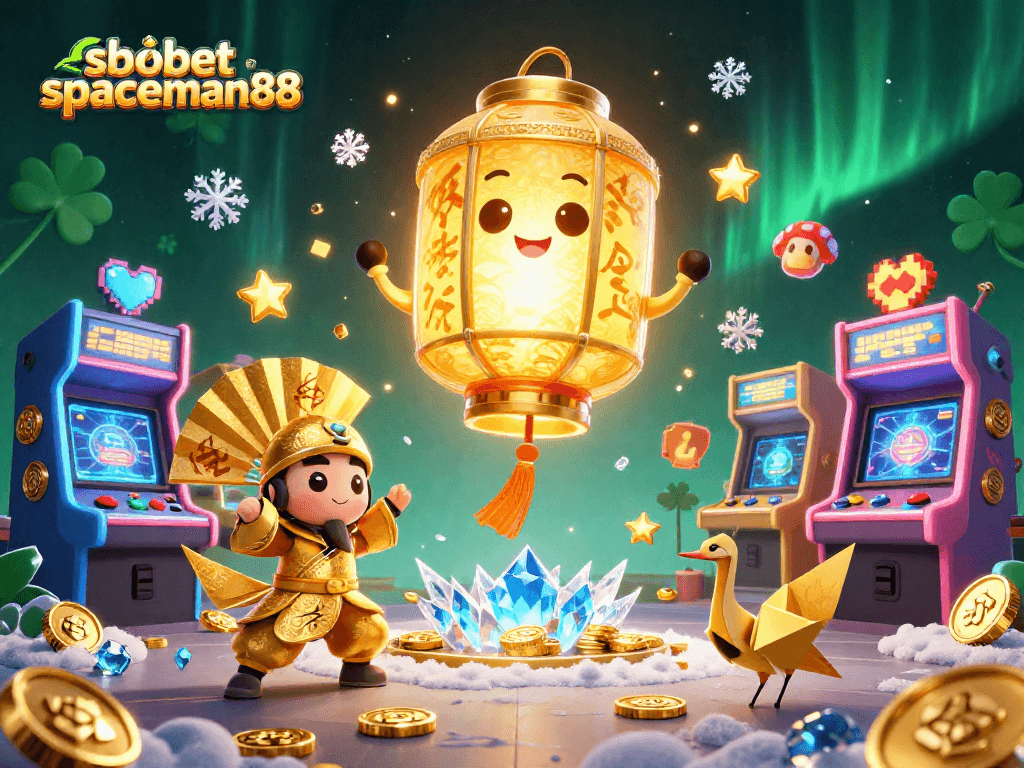Experience sbobet spaceman88 with a vibrant casino illustration featuring lucky symbols and arcade elements.