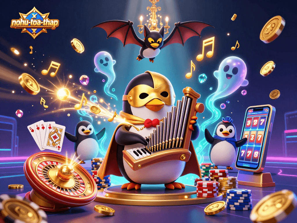 Nohutoa-thap immerses players in a thrilling 3D casino experience with golden coins and jackpot elements.