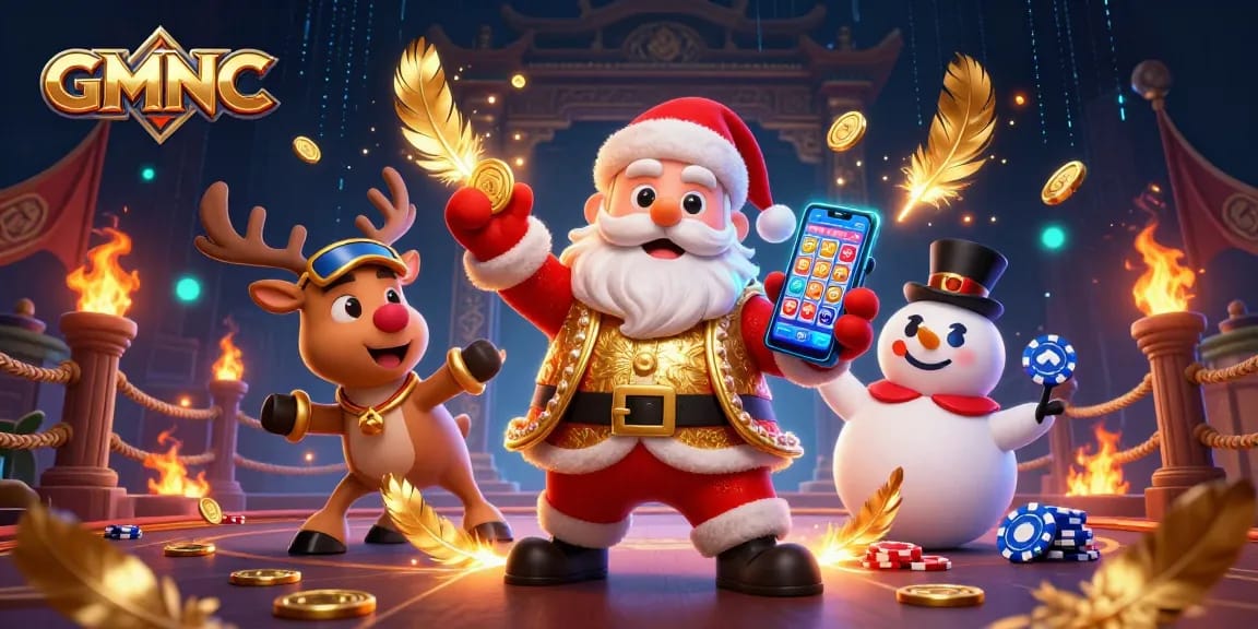 Interact with the vibrant GMNC casino scene showcasing Santa Claus and friends enjoying jackpot slots.