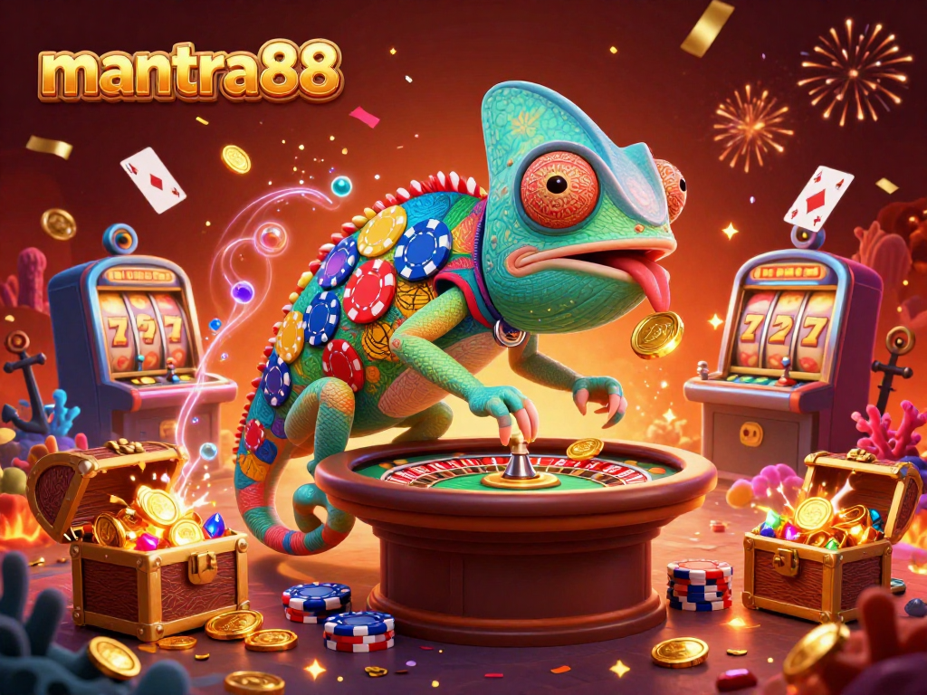 Experience big wins at mantra88 with a vibrant 3D casino scene featuring colorful characters and slot elements.