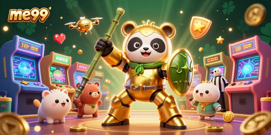 Experience me99 action with a vibrant scene featuring energetic characters amidst arcade games and casino elements.