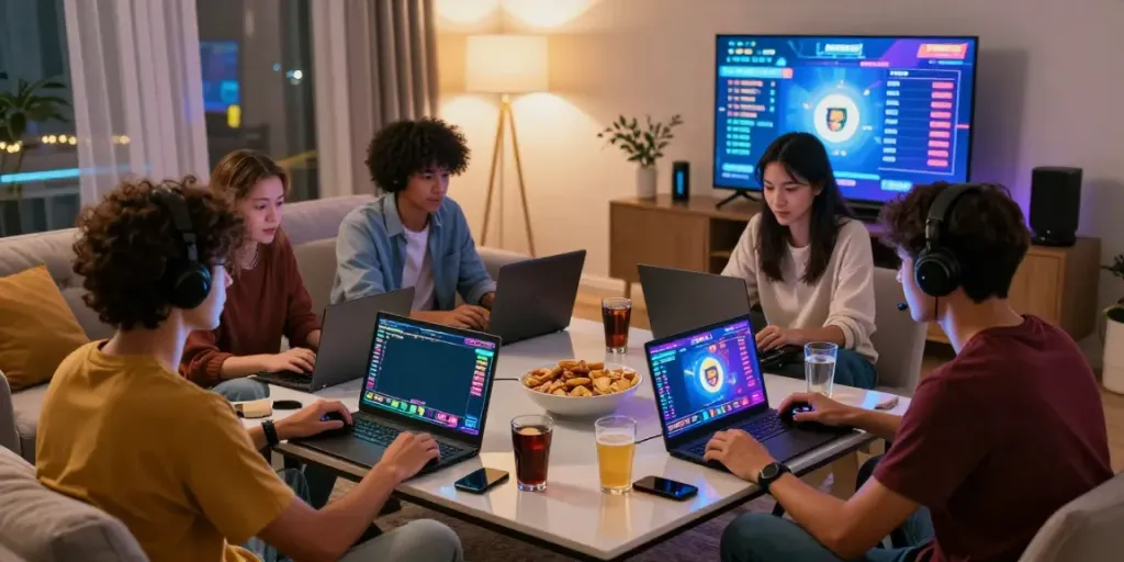 Friends enjoying online slot88 games in a cozy living room setting