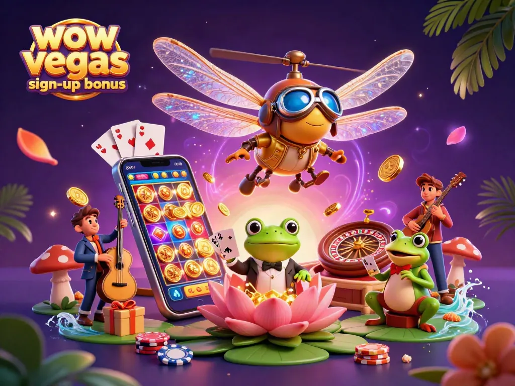 Spin to win with the wow vegas sign-up bonus, featuring immersive casino characters and vibrant gaming elements.