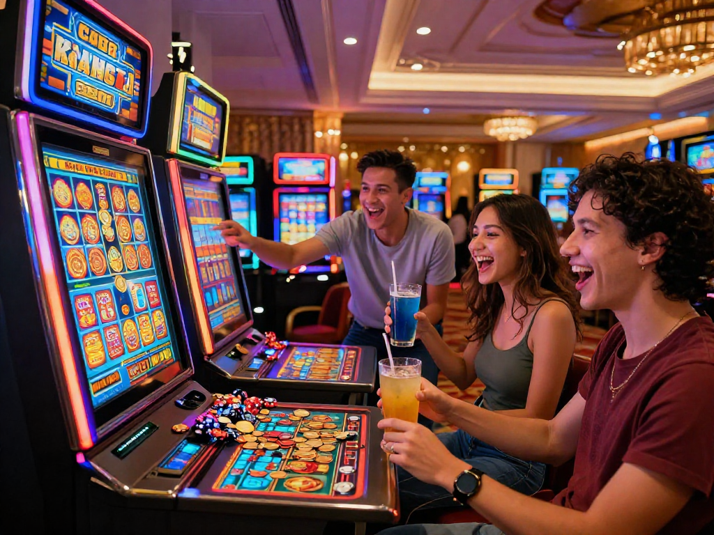 Kelompok teman merayakan kemenangan slot gacor dengan jackpot yang menyala di kasino.