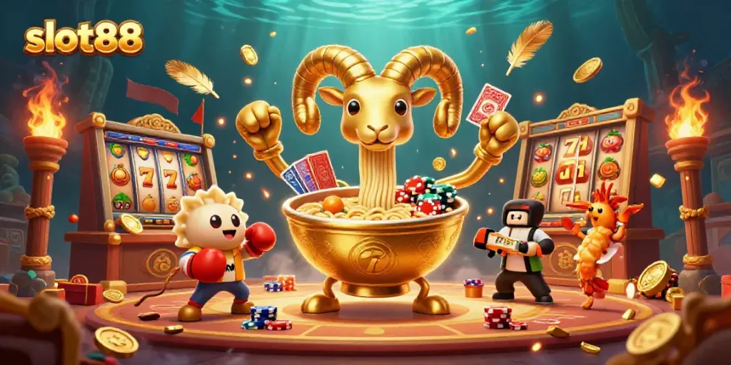 Engage with slot88 as a giant golden ramen bowl deals cards and stacks chips in a vibrant gambling scene.