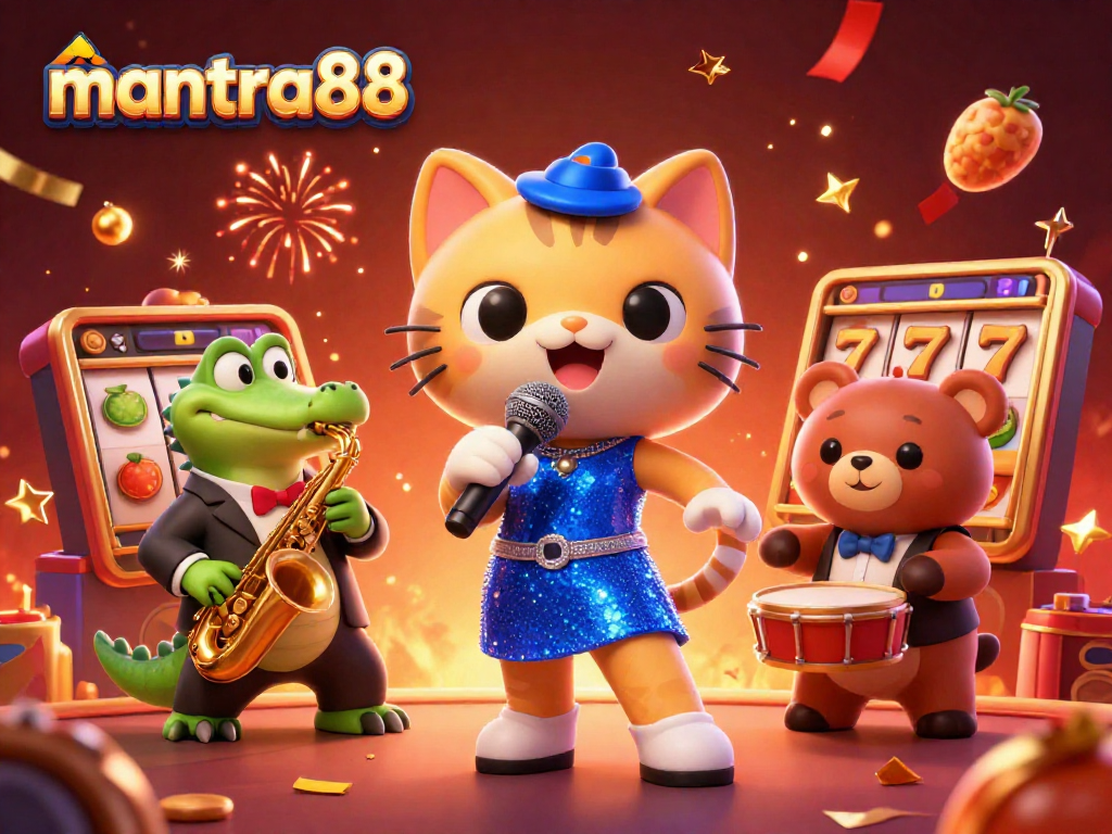 Join the fun at mantra88 with vibrant characters in a bustling casino scene, celebrating wins!