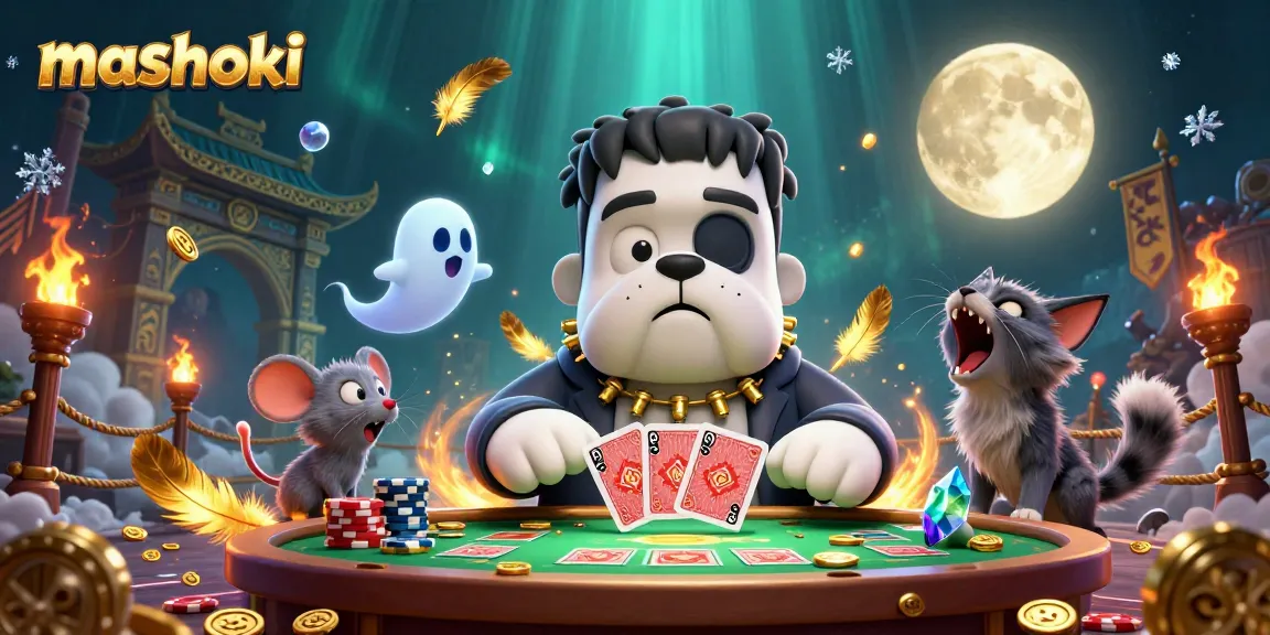 Experience mashoki's thrilling card games with a cartoon monster dealer and swirling golden effects.
