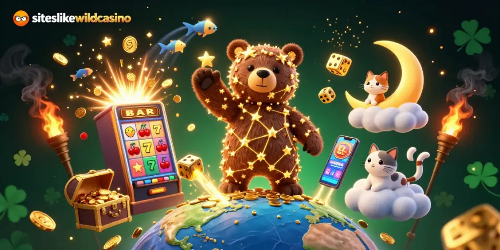 Winning at siteslikewildcasino as a constellation bear scoops up coins with dynamic illustrations around it.