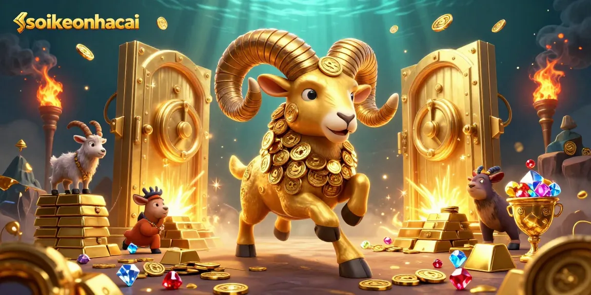 Experience thrilling sports betting with soikeonhacai and gaze at a golden ram charging through treasures.