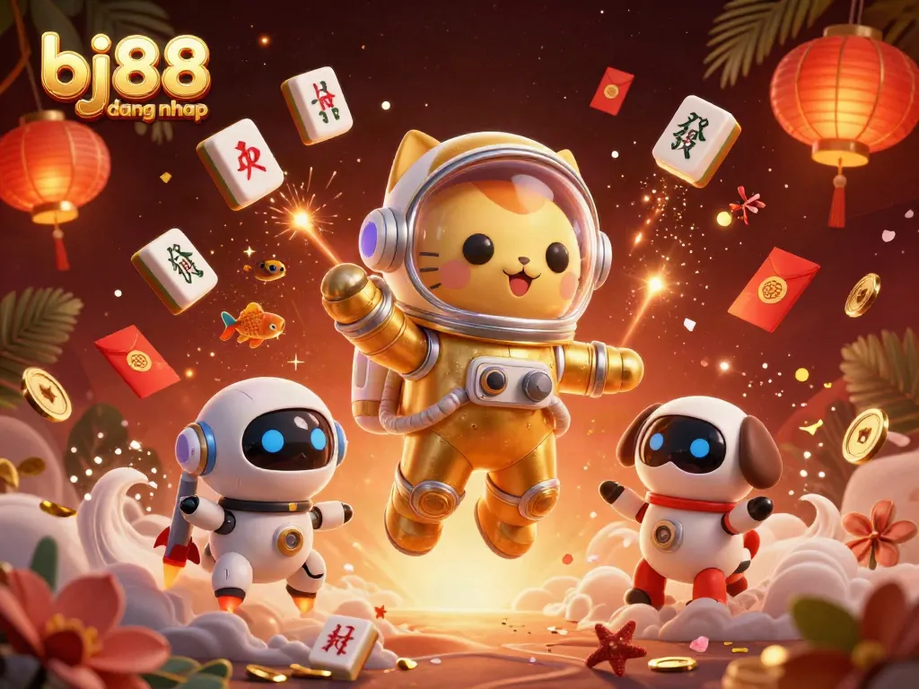 Engage in exciting gaming with bj88 dang nhap in a vibrant 3D casino scene filled with lucky symbols and dynamic characters.