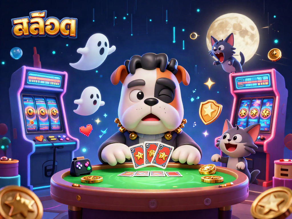 Engage in a thrilling สล็อต game with a 3D monster dealer and vibrant casino elements.