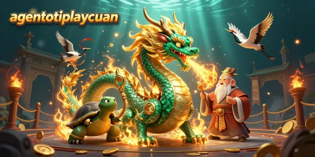 Win big with agentotoplaycuan's thrilling gaming scene, featuring a dragon, turtle sage, and lucky cranes.