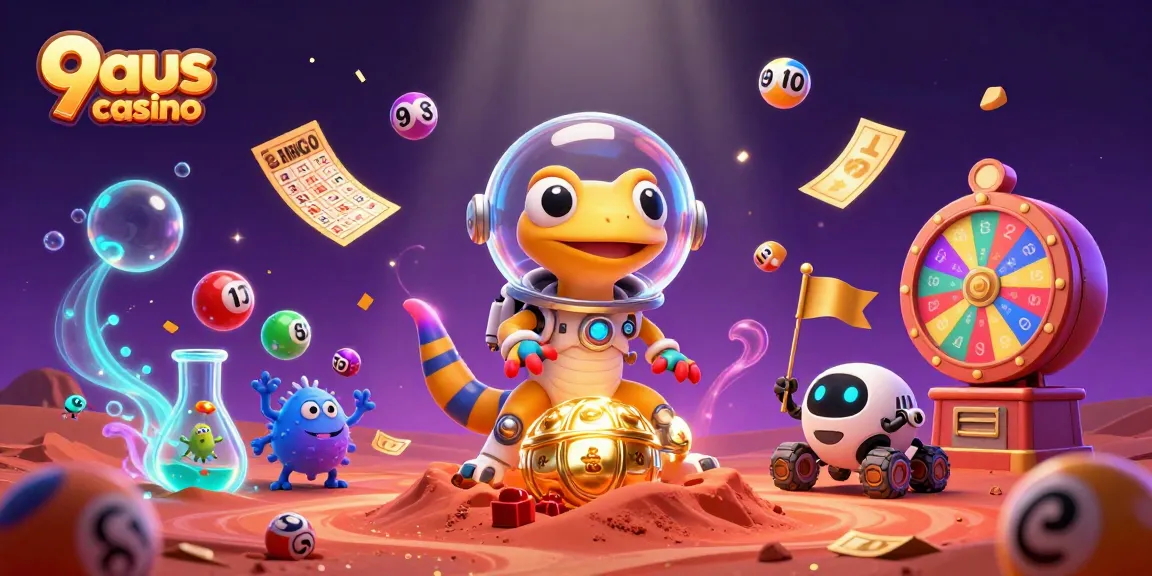 Experience the vibrant world of 9aus casino with a Martian gecko uncovering treasures amid colorful lottery balls.