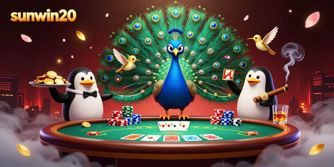 Engage with sunwin20 through a vibrant poker scene featuring an aristocratic peacock, adding excitement and flair.