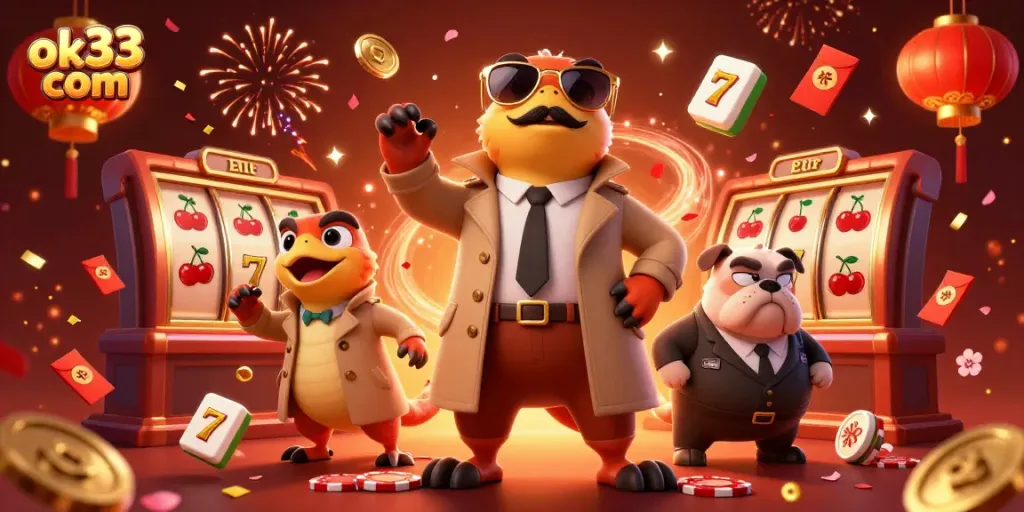 Engage with ok33 com at a lively casino where cartoon raptors attempt to access a VIP lounge.