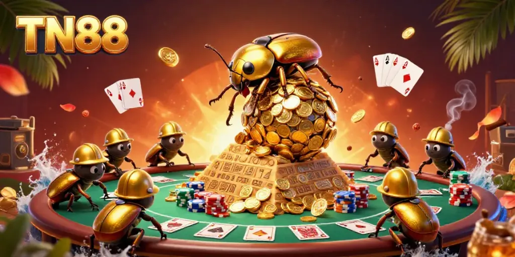 Engage with TN88's vibrant casino games, featuring gold accents and fun design elements for a lively experience.