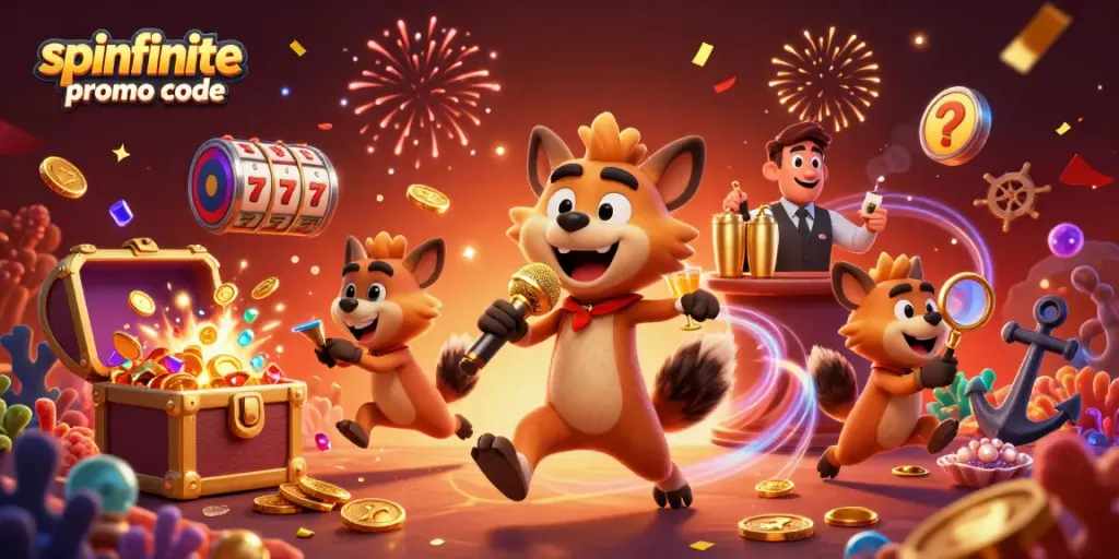 Experience fun at Spinfinite with the latest promo code, featuring vibrant casino characters and exciting game elements.