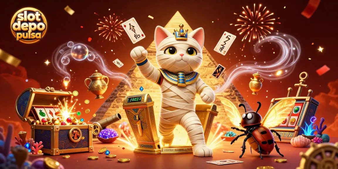 Play thrilling slot depo pulsa games with vibrant cat and scarab in a pyramid casino setting.