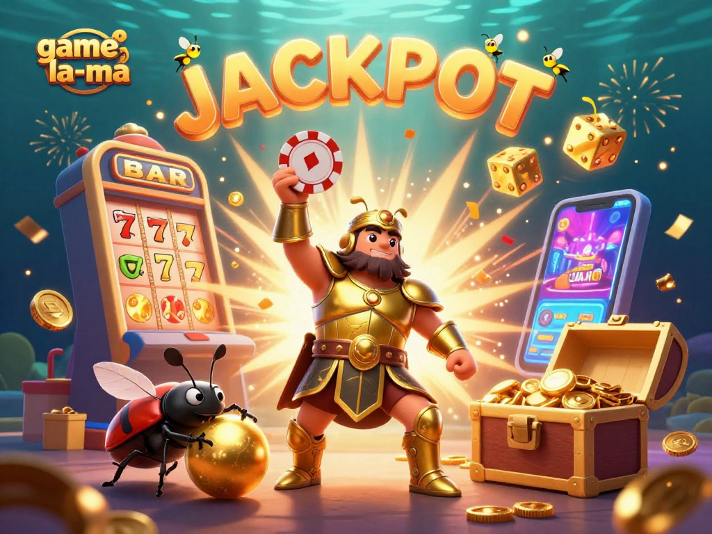 Experience thrilling wins at game-la-ma with a dynamic jackpot scene featuring iconic gaming elements.
