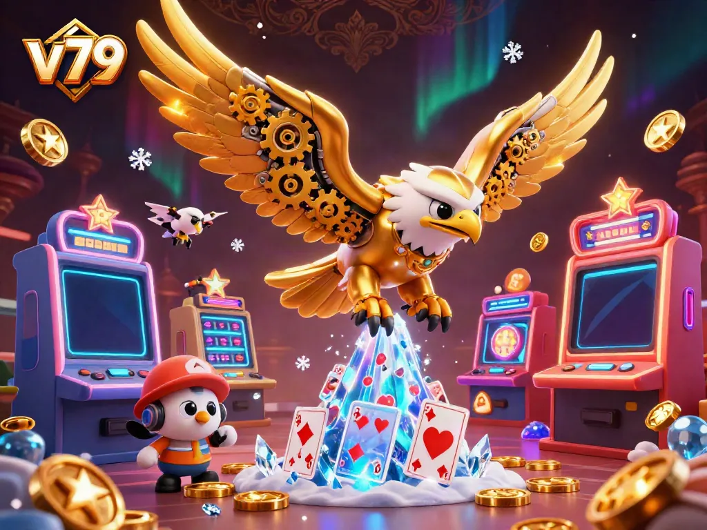 Experience v79's thrilling gaming world with a golden eagle and arcade elements.