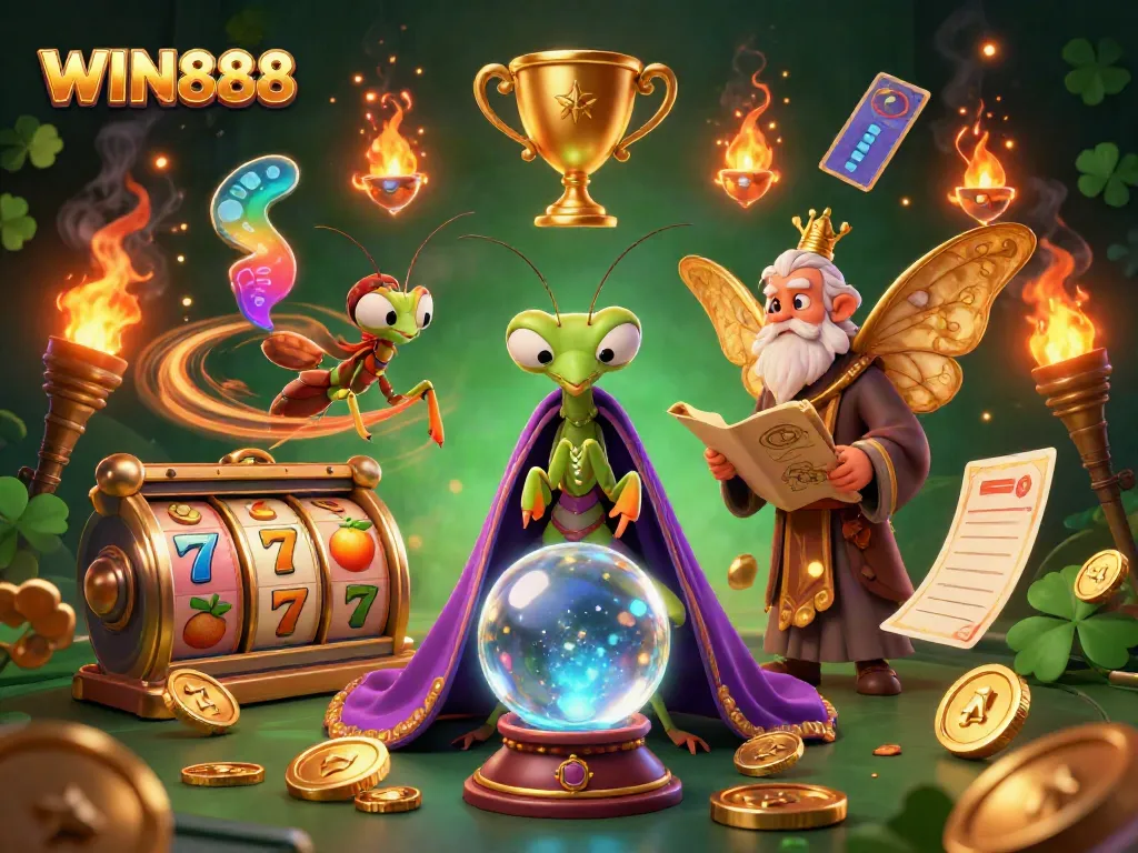 Engage with WIN888's thrilling slot games featuring a mystical fortune teller and casino elements.