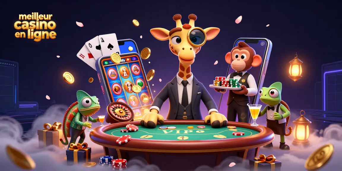 Vivez l'expérience du meilleur casino en ligne avec une girafe, un valet et un barman dans une illustration luxueuse.
