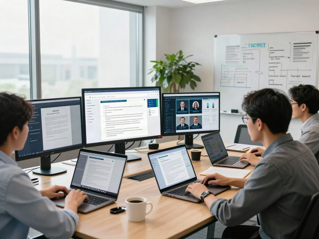 Analysts reviewing document fraud detection software metrics during a team meeting