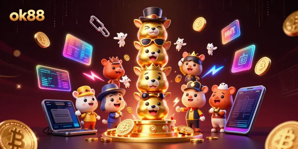 Experience thrilling gameplay with ok88's captivating 3D totem pole illustration surrounded by crypto elements.