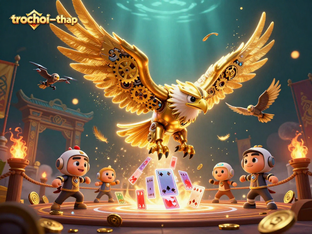 Play thrilling trochoi-thap as a golden eagle masterfully navigates holographic cards and dynamic elements.