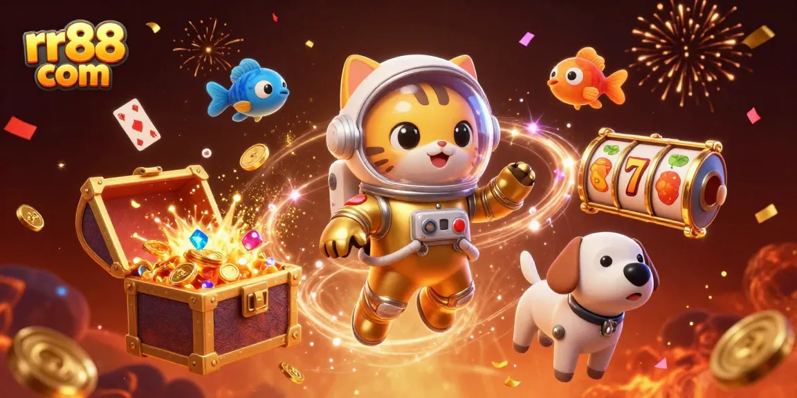 Win big in style with rr88 com's exciting slots as the astronaut cat and robot dog celebrate surrounded by treasures.