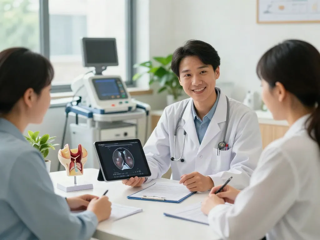 Thyroid disease specialists discussing treatment plans with a patient in a modern consultation room.