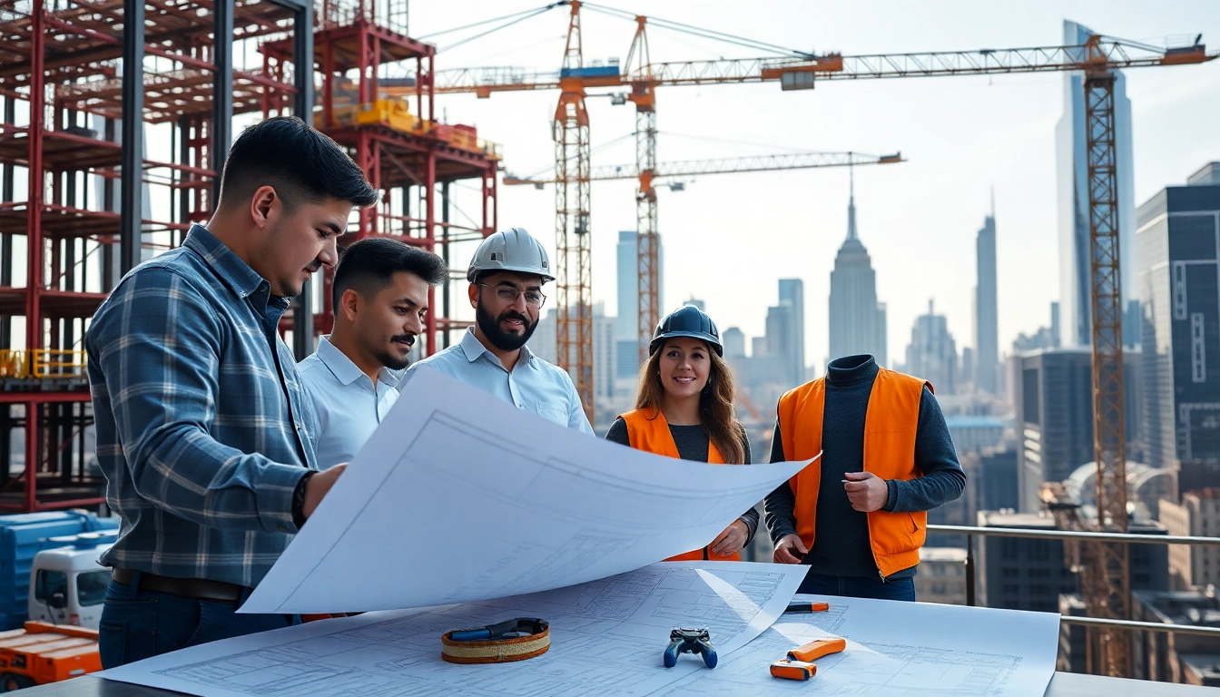 A diverse team of New York City Construction Managers working on site, discussing blueprints and planning.