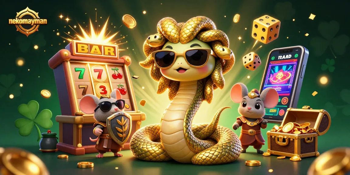 Spin the reels for jackpots in nekomayman with Medusa, a warrior mouse, and festive casino elements.