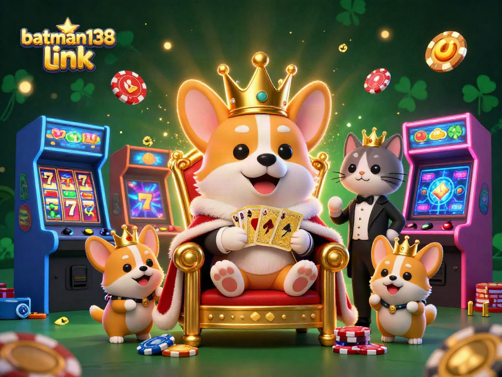 Experience the excitement of batman138 link with a royal corgi on its throne, amidst vibrant slot reels.