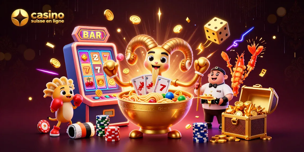 Jouer avec le casino suisse en ligne avec un bol de ramen géant et des éléments animés de jeu.