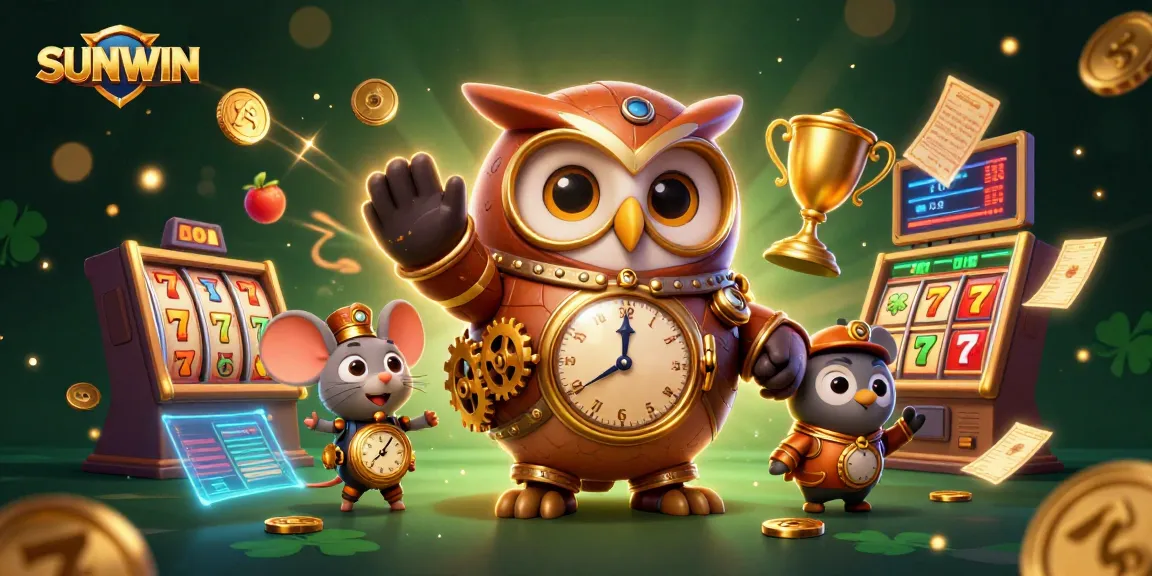 SUNWIN captures the excitement of slots with a dynamic illustration featuring a steampunk owl and vibrant casino elements.