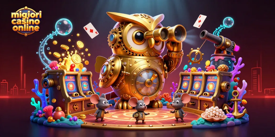 Illustrazione 3D dei migliori casino online con un gufo meccanico e topi tra le slot machine.
