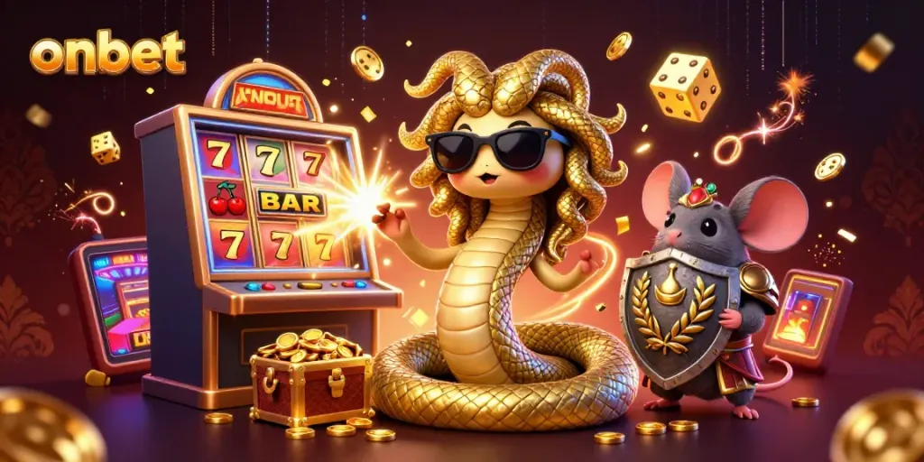 Win big with onbet at this captivating 3D casino scene featuring Medusa and a warrior mouse.