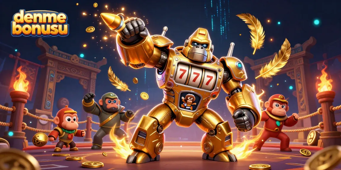 Experience deneme bonusu excitement with a dynamic golden gorilla mech bursting coins and energy.