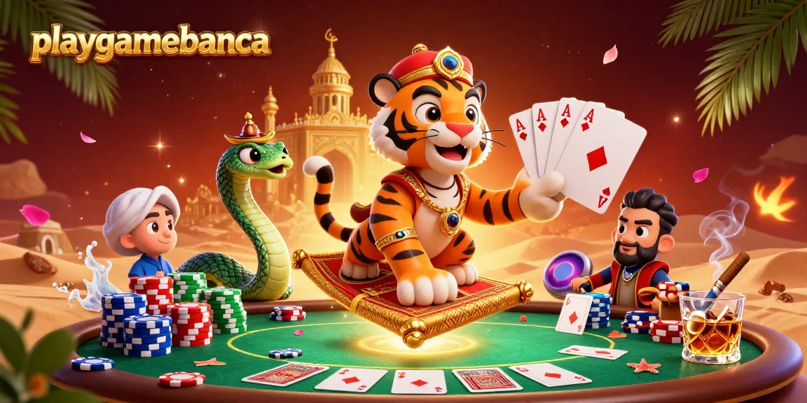 Engage with playgamebanca as the Arabian Nights-themed sultan flies over vibrant casino elements.