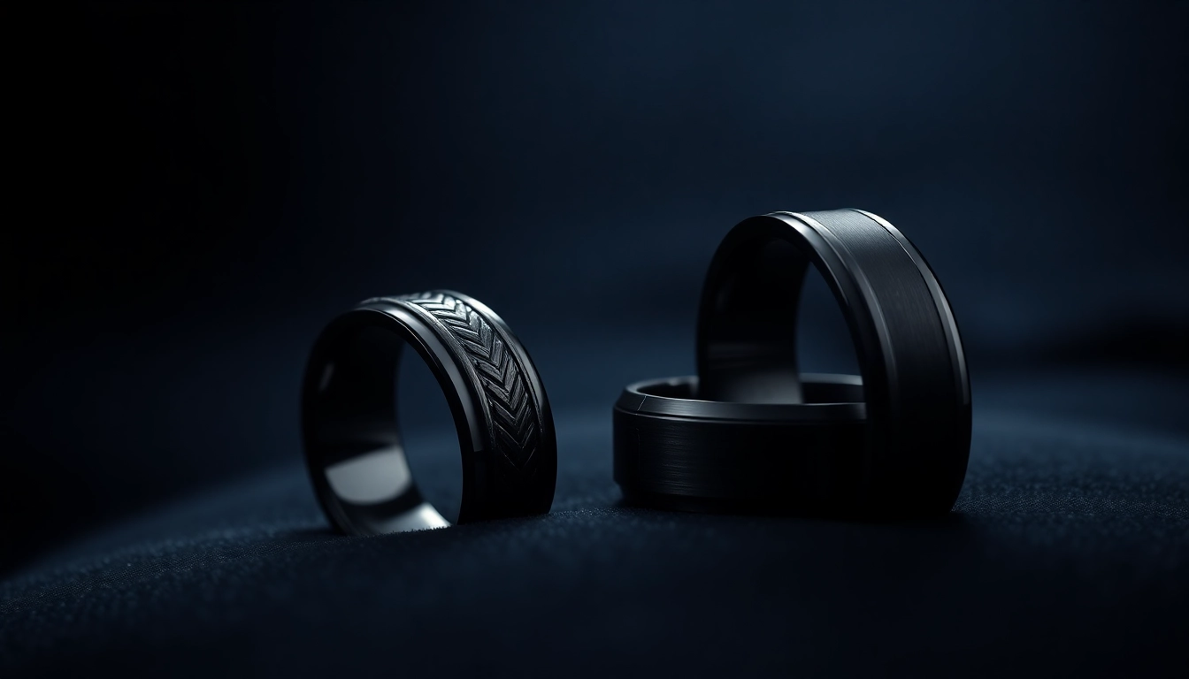 Showcase stunning black wedding rings for men featuring elegant designs and unique textures.