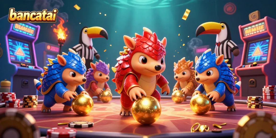 Bancatai pangolins compete in a casino-style arcade challenge, surrounded by casino chips and glowing game machines.