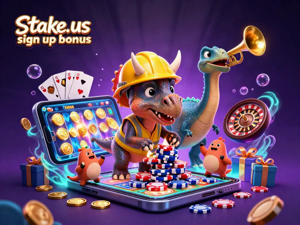 Engage with stake.us sign up bonus alongside a vibrant 3D casino scene featuring animated characters and exciting gaming elements.