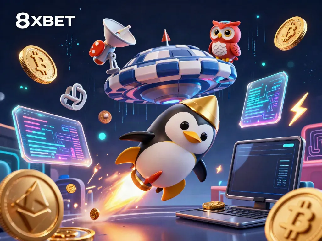 Experience thrilling gaming with 8XBET in a vibrant, cosmic setting featuring a golden penguin and casino elements.