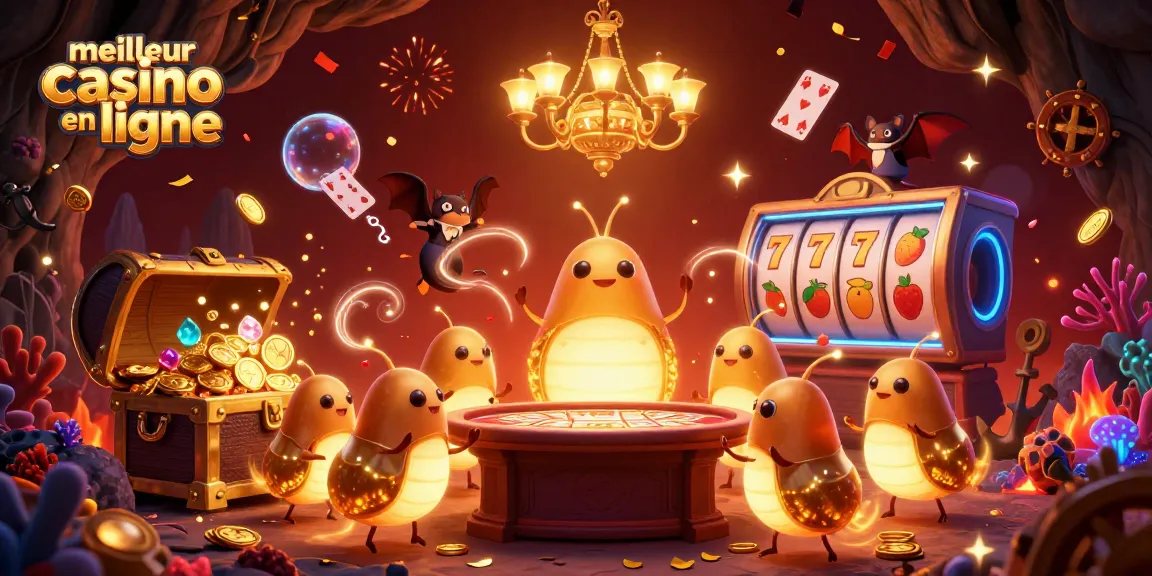 Offrez-vous l'expérience du meilleur casino en ligne avec cette illustration dynamique des jeux éclairés par des vers luisants.