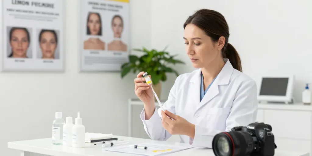 Lemon bottle peptide injection preparation in an aesthetic clinic by a professional aesthetician.