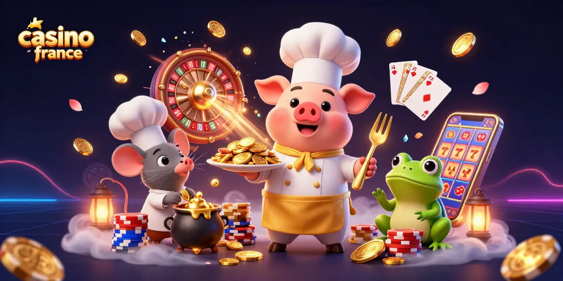 Une scène dynamique de casino en ligne France avec un chef cartoon, une souris et une grenouille critiquant les jackpots.